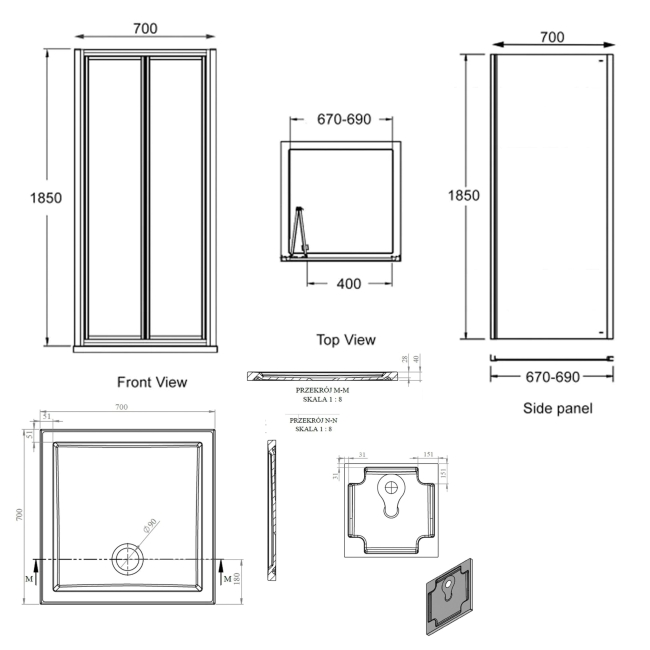 Signature Verve Bi-Fold Door Square Shower Enclosure with Tray 700mm x 700mm - 5mm Glass  | Dimension Image