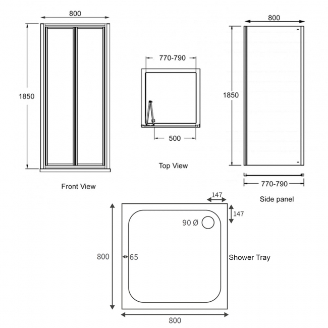 Signature Verve Bi-Fold Door Square Shower Enclosure with Tray 800mm x 800mm - 5mm Glass  | Dimension Image