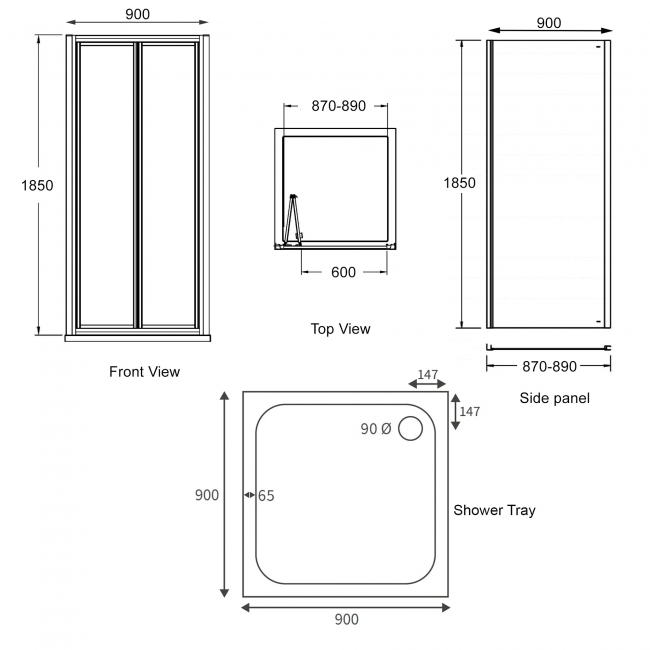 Signature Verve Bi-Fold Door Square Shower Enclosure with Tray 900mm x 900mm - 5mm Glass  | Dimension Image
