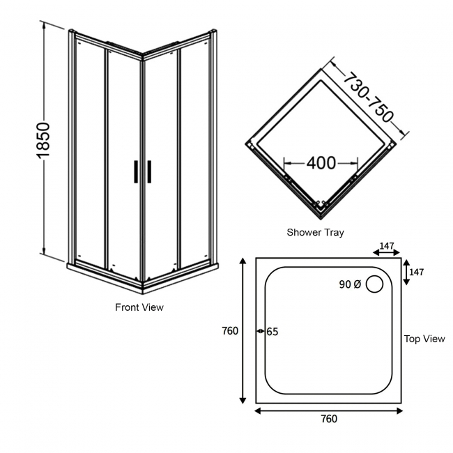 Signature Verve Corner Entry Sliding Shower Enclosure with Tray 760mm x 760mm - 6mm Glass  | Dimension Image
