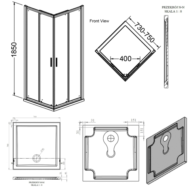 Signature Verve Corner Entry Sliding Shower Enclosure with Tray 760mm x 760mm - 6mm Glass  | Dimension Image