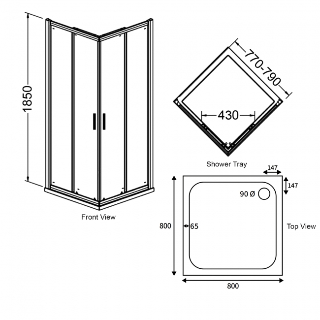 Signature Verve Corner Entry Sliding Shower Enclosure with Tray 800mm x 800mm - 6mm Glass  | Dimension Image