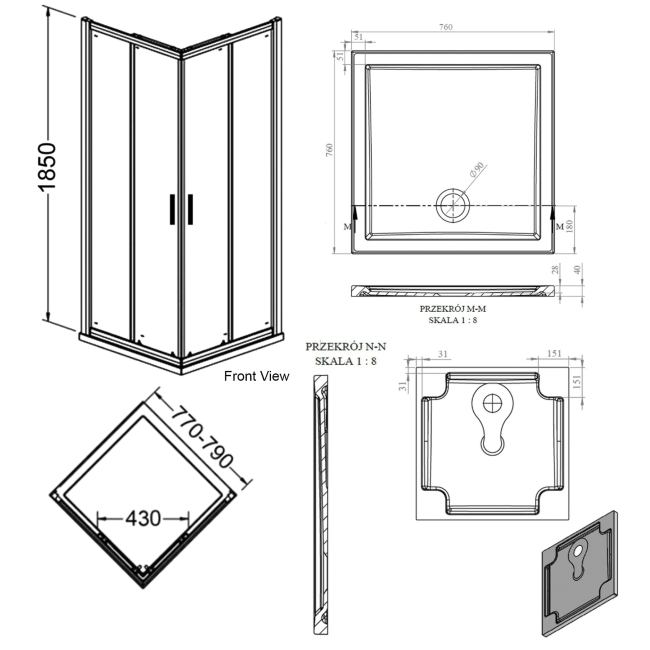 Signature Verve Corner Entry Sliding Shower Enclosure with Tray 800mm x 800mm - 6mm Glass  | Dimension Image