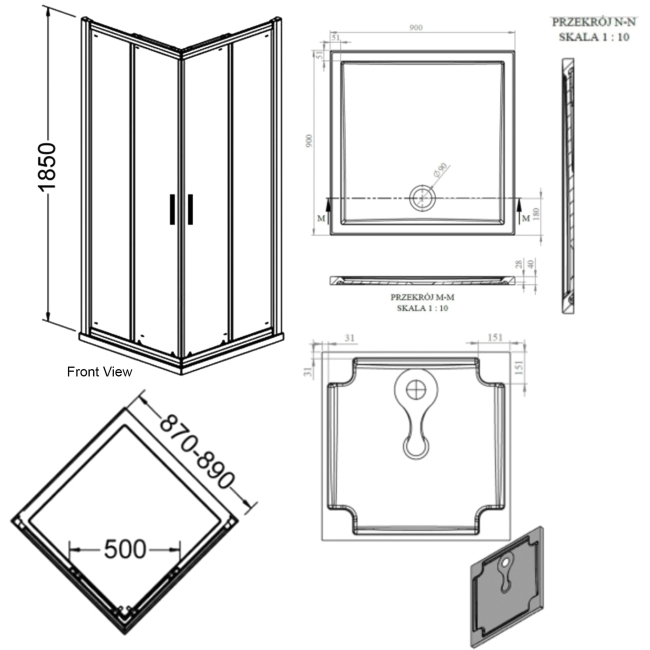 Signature Verve Corner Entry Sliding Shower Enclosure with Tray 900mm x 900mm - 6mm Glass  | Dimension Image