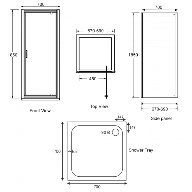Signature Verve Pivot Door Square Shower Enclosure with Tray 700mm x 700mm - 6mm Glass  | Dimension Image