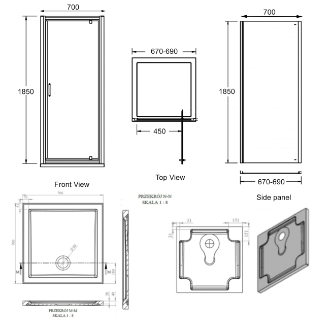 Signature Verve Pivot Door Square Shower Enclosure with Tray 700mm x 700mm - 6mm Glass  | Dimension Image
