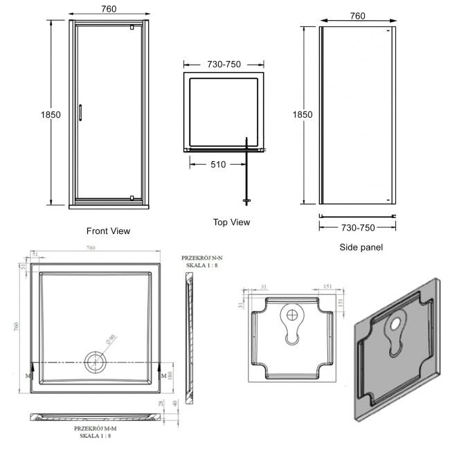 Signature Verve Pivot Door Square Shower Enclosure with Tray 760mm x 760mm - 6mm Glass  | Dimension Image