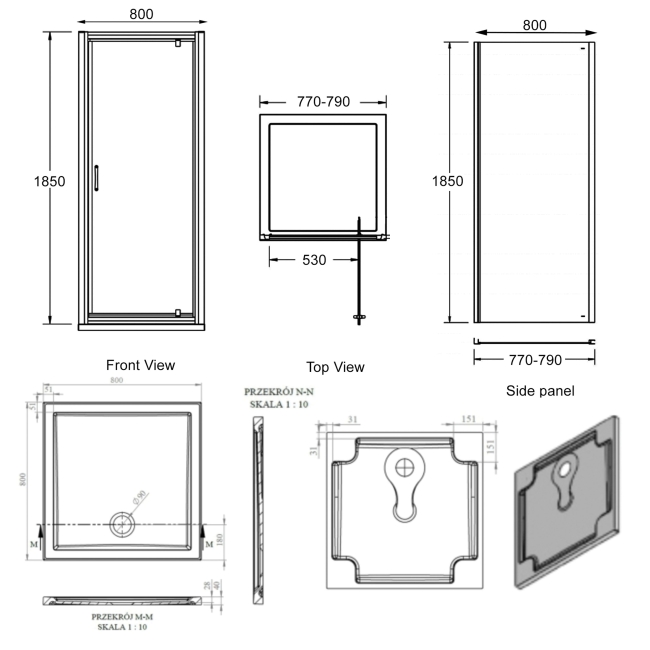 Signature Verve Pivot Door Square Shower Enclosure with Tray 800mm x 800mm - 6mm Glass  | Dimension Image
