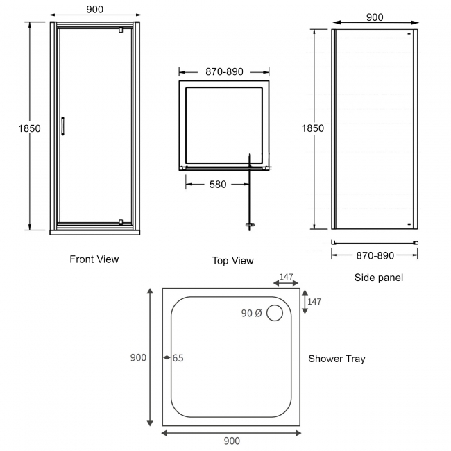 Signature Verve Pivot Door Square Shower Enclosure with Tray 900mm x 900mm - 6mm Glass  | Dimension Image