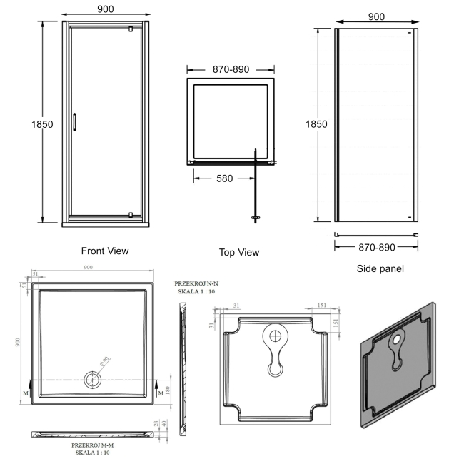 Signature Verve Pivot Door Square Shower Enclosure with Tray 900mm x 900mm - 6mm Glass  | Dimension Image