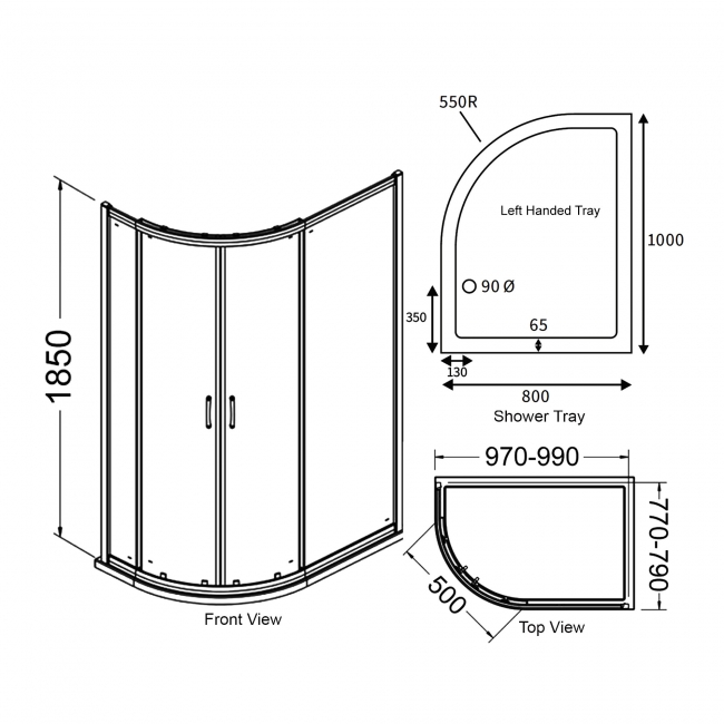 Signature Verve 2-Door Offset Quadrant Shower Enclosure with Tray 1000mm x 800mm LH - 6mm Glass  | Dimension Image