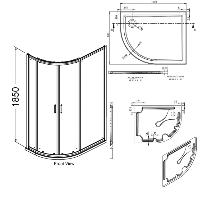 Signature Verve 2-Door Offset Quadrant Shower Enclosure with Tray 1000mm x 800mm LH - 6mm Glass  | Dimension Image