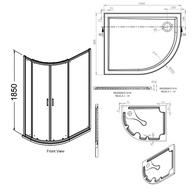 Signature Verve 2-Door Offset Quadrant Shower Enclosure with Tray 1000mm x 800mm RH - 6mm Glass  | Dimension Image