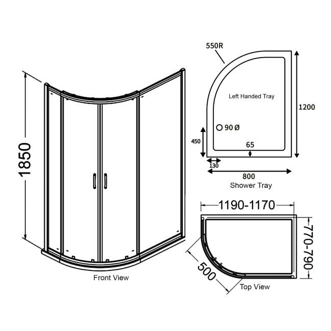 Signature Verve Easy-Fit 2-Door Offset Quadrant Enclosure with Tray 1200mm x 800mm LH - 6mm Glass  | Dimension Image