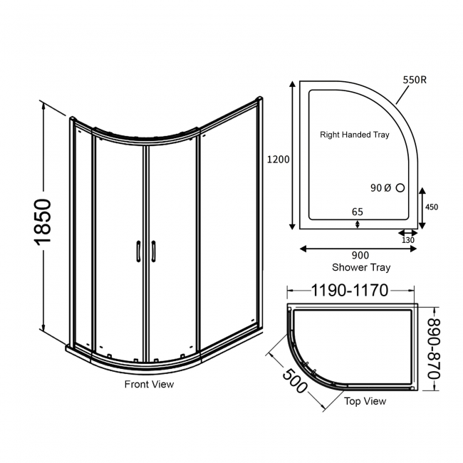 Signature Verve 2-Door Offset Quadrant Shower Enclosure with Tray 1200mm x 900mm RH - 6mm Glass  | Dimension Image