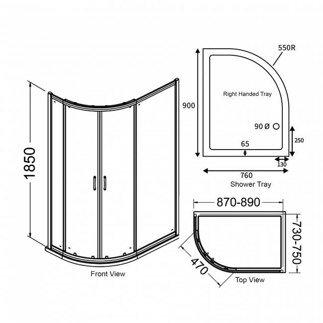 Signature Verve 2-Door Offset Quadrant Shower Enclosure with Tray 900mm x 760mm RH - 6mm Glass  | Dimension Image