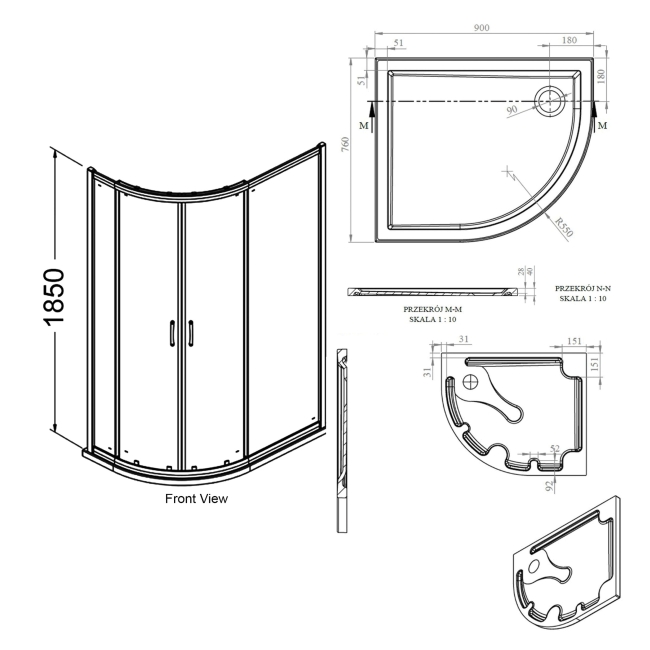 Signature Verve 2-Door Offset Quadrant Shower Enclosure with Tray 900mm x 760mm RH - 6mm Glass  | Dimension Image
