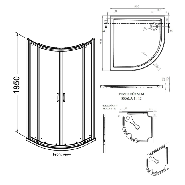 Signature Verve 2-Door Quadrant Shower Enclosure with Tray 900mm x 900mm - 6mm Glass  | Dimension Image