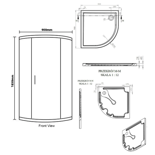 Signature Verve 1-Door Quadrant Shower Enclosure with Tray 900mm x 900mm - 6mm Glass  | Dimension Image