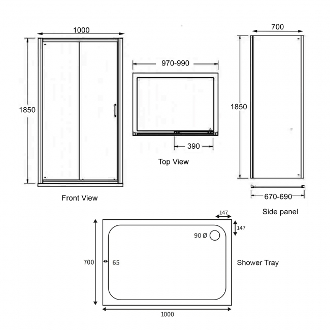 Signature Verve Sliding Door Rectangular Shower Enclosure with Tray 1000mm x 700mm - 6mm Glass  | Dimension Image