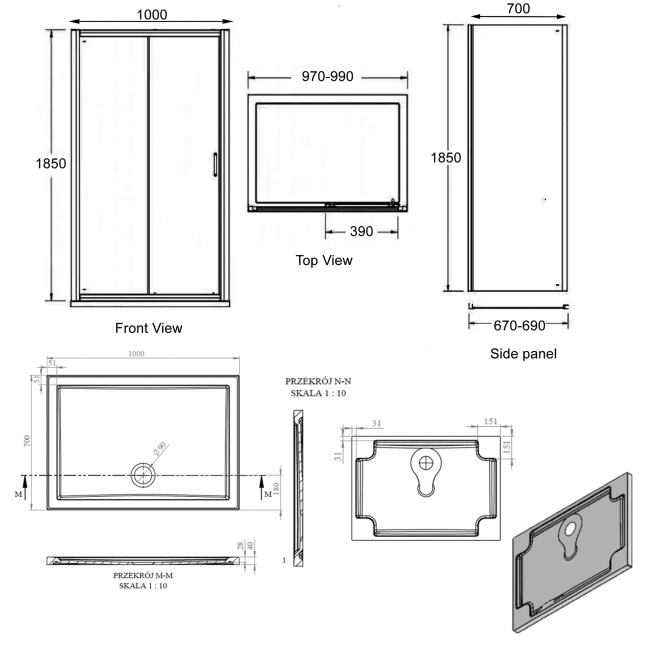 Signature Verve Sliding Door Rectangular Shower Enclosure with Tray 1000mm x 700mm - 6mm Glass  | Dimension Image