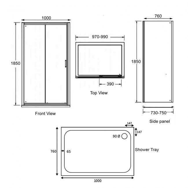 Signature Verve Sliding Door Rectangular Shower Enclosure with Tray 1000mm x 760mm - 6mm Glass  | Dimension Image