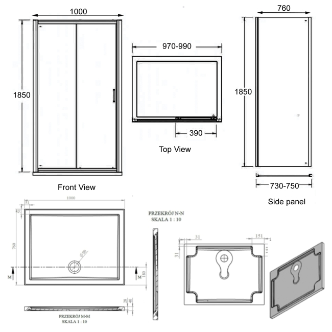 Signature Verve Sliding Door Rectangular Shower Enclosure with Tray 1000mm x 760mm - 6mm Glass  | Dimension Image