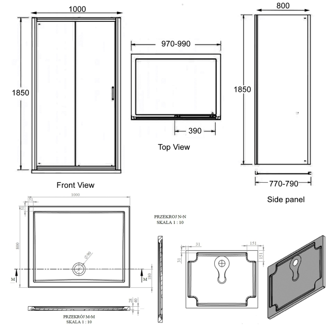 Signature Verve Sliding Door Rectangular Shower Enclosure with Tray 1000mm x 800mm - 6mm Glass  | Dimension Image