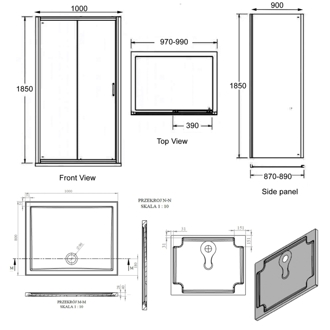 Signature Verve Sliding Door Rectangular Shower Enclosure with Tray 1000mm x 900mm - 6mm Glass  | Dimension Image