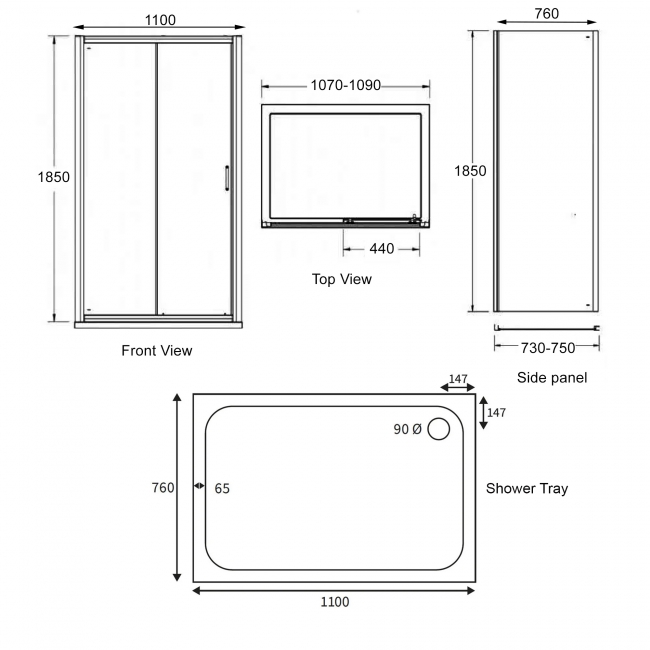 Signature Verve Sliding Door Rectangular Shower Enclosure with Tray 1100mm x 760mm - 6mm Glass  | Dimension Image