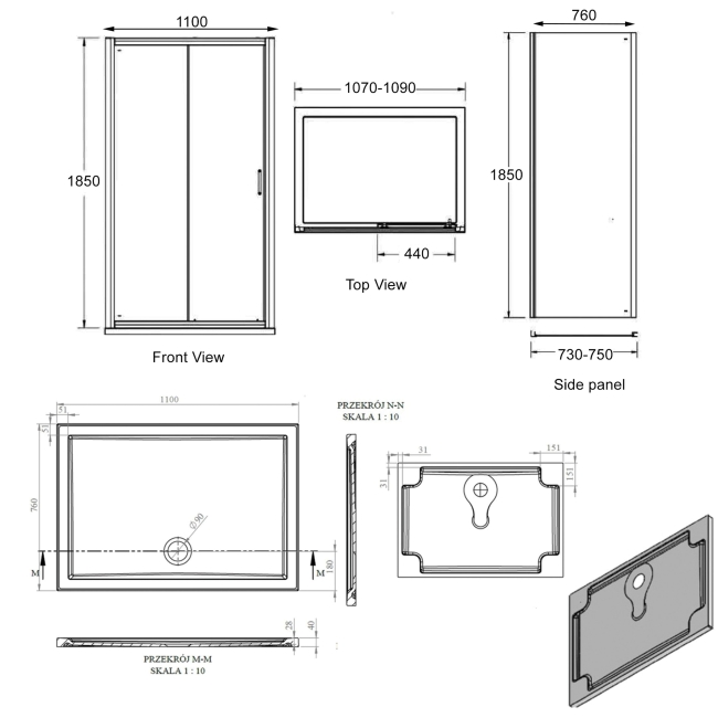 Signature Verve Sliding Door Rectangular Shower Enclosure with Tray 1100mm x 760mm - 6mm Glass  | Dimension Image