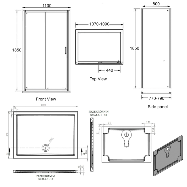 Signature Verve Sliding Door Rectangular Shower Enclosure with Tray 1100mm x 800mm - 6mm Glass  | Dimension Image