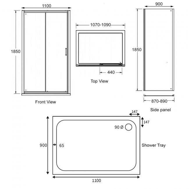 Signature Verve Sliding Door Rectangular Shower Enclosure with Tray 1100mm x 900mm - 6mm Glass  | Dimension Image