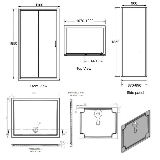 Signature Verve Sliding Door Rectangular Shower Enclosure with Tray 1100mm x 900mm - 6mm Glass  | Dimension Image