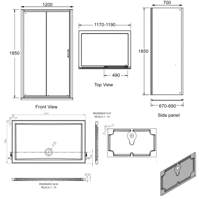 Signature Verve Sliding Door Rectangular Shower Enclosure with Tray 1200mm x 700mm - 6mm Glass  | Dimension Image