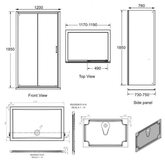 Signature Verve Sliding Door Rectangular Shower Enclosure with Tray 1200mm x 760mm - 6mm Glass  | Dimension Image