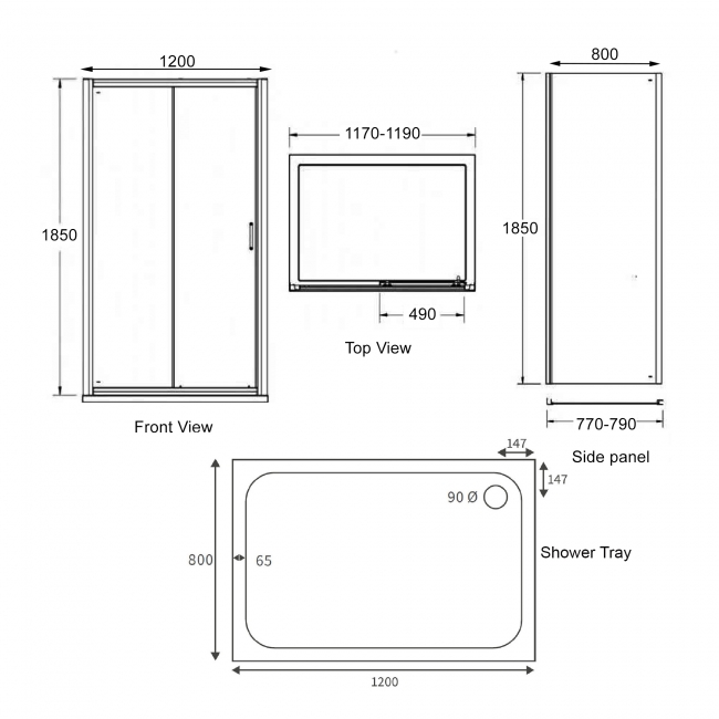 Signature Verve Sliding Door Rectangular Shower Enclosure with Tray 1200mm x 800mm - 6mm Glass  | Dimension Image