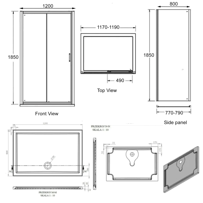 Signature Verve Sliding Door Rectangular Shower Enclosure with Tray 1200mm x 800mm - 6mm Glass  | Dimension Image