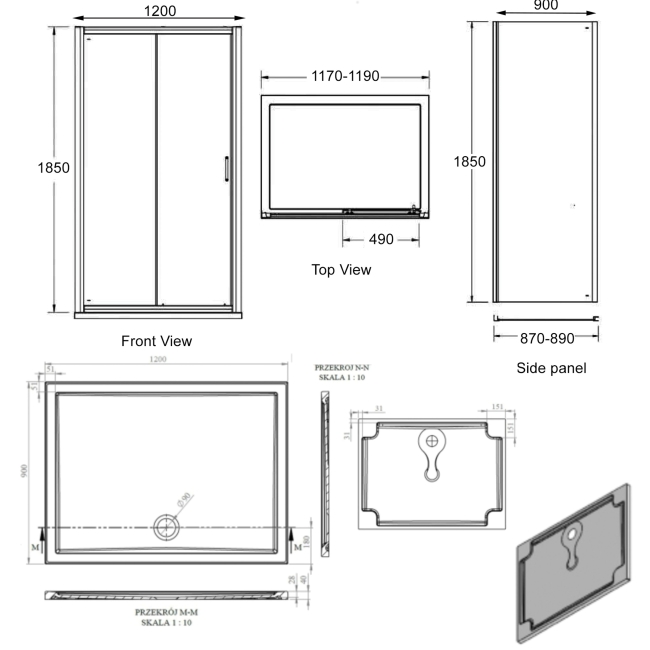 Signature Verve Sliding Door Rectangular Shower Enclosure with Tray 1200mm x 900mm - 6mm Glass  | Dimension Image