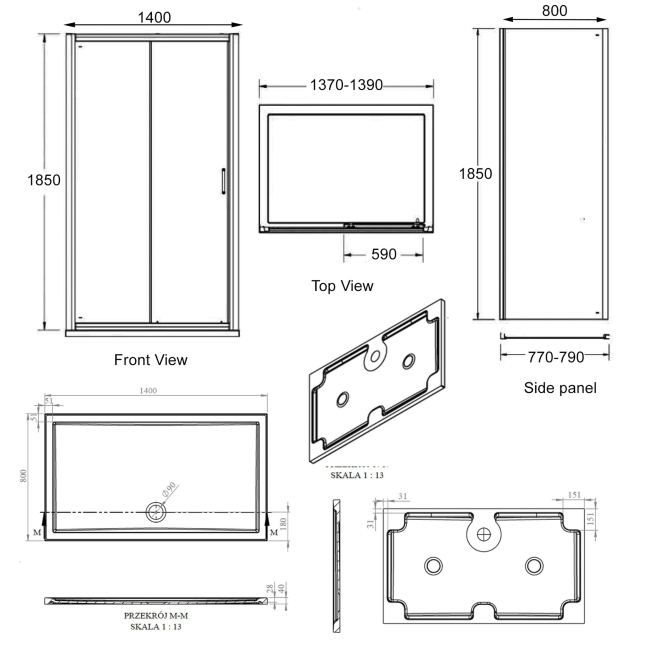Signature Verve Sliding Door Rectangular Shower Enclosure with Tray 1400mm x 800mm - 6mm Glass  | Dimension Image
