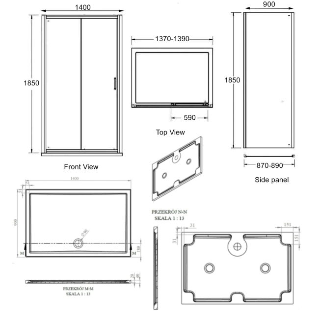 Signature Verve Sliding Door Rectangular Shower Enclosure with Tray 1400mm x 900mm - 6mm Glass  | Dimension Image