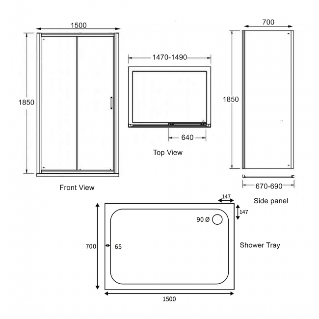 Signature Verve Sliding Door Rectangular Shower Enclosure with Tray 1500mm x 700mm - 6mm Glass  | Dimension Image