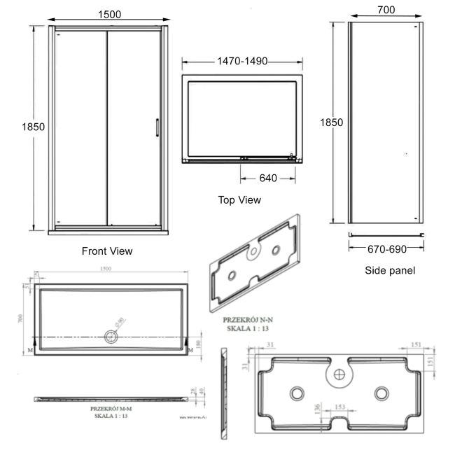 Signature Verve Sliding Door Rectangular Shower Enclosure with Tray 1500mm x 700mm - 6mm Glass  | Dimension Image