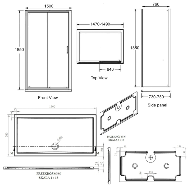 Signature Verve Sliding Door Rectangular Shower Enclosure with Tray 1500mm x 760mm - 6mm Glass  | Dimension Image