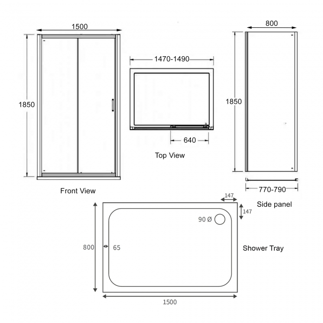 Signature Verve Sliding Door Rectangular Shower Enclosure with Tray 1500mm x 800mm - 6mm Glass  | Dimension Image