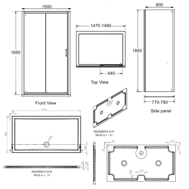 Signature Verve Sliding Door Rectangular Shower Enclosure with Tray 1500mm x 800mm - 6mm Glass  | Dimension Image