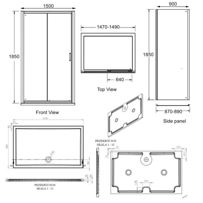 Signature Verve Sliding Door Rectangular Shower Enclosure with Tray 1500mm x 900mm - 6mm Glass  | Dimension Image