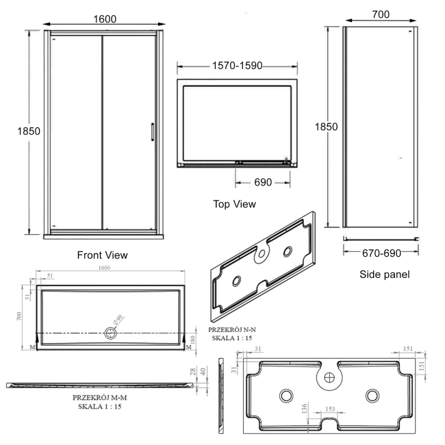 Signature Verve Sliding Door Rectangular Shower Enclosure with Tray 1600mm x 700mm - 6mm Glass  | Dimension Image