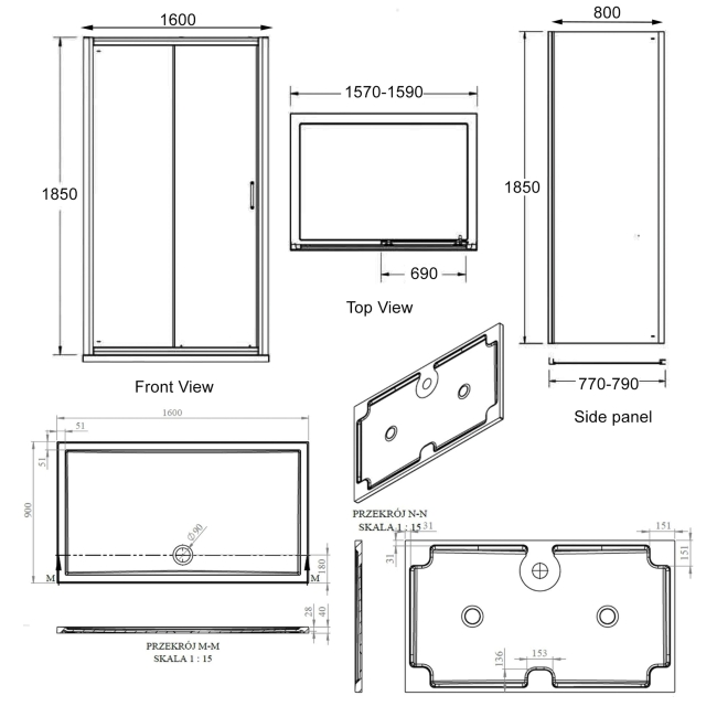 Signature Verve Sliding Door Rectangular Shower Enclosure with Tray 1600mm x 800mm - 6mm Glass  | Dimension Image