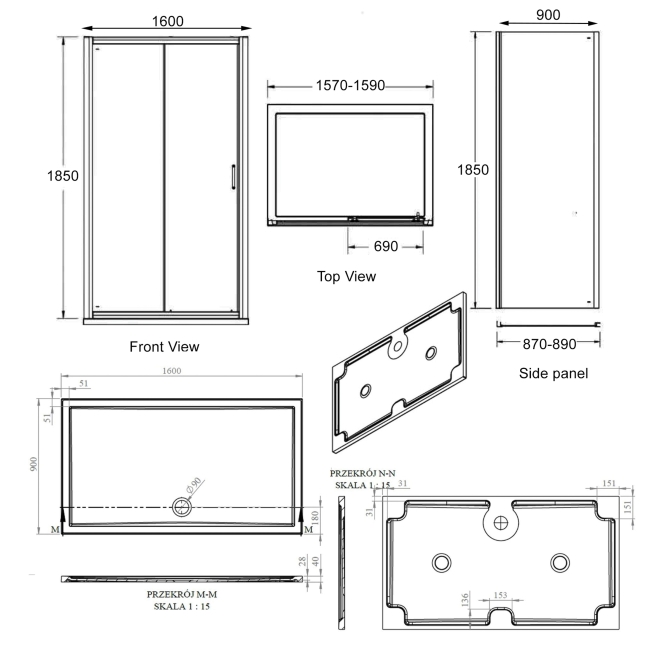 Signature Verve Sliding Door Rectangular Shower Enclosure with Tray 1600mm x 900mm - 6mm Glass  | Dimension Image
